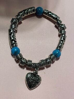 Blue & Silver Tone Heart Charm Bead Stretch Bracelet #6660